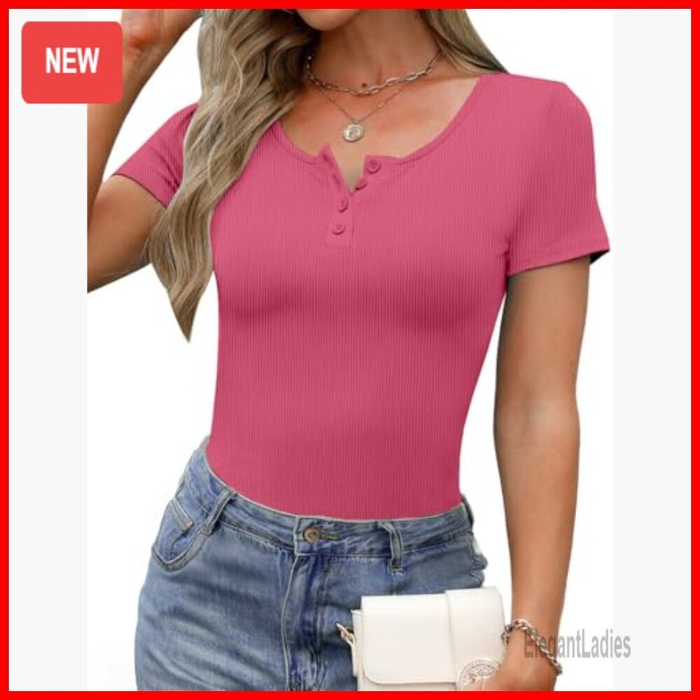 Short Sleeve Ribbed Henley Top Scoop Neck Fitted Tee Summer Basic - Picture 2 of 7